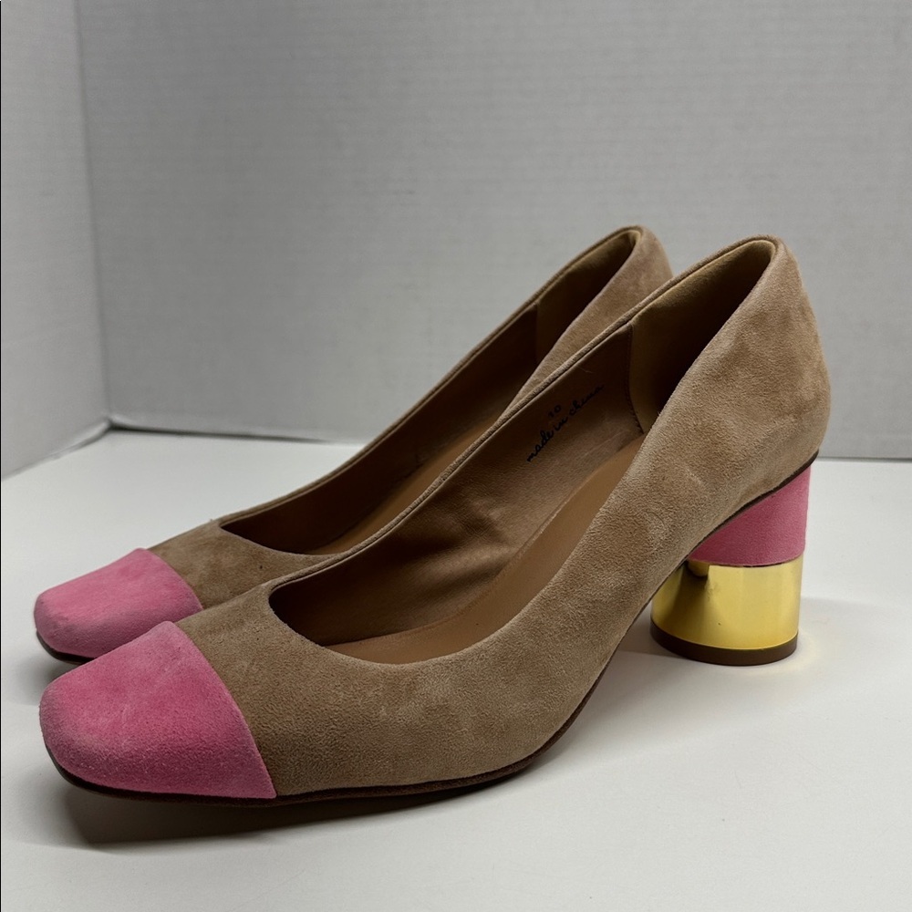 Charlotte Stone Risa Pumps High Block Heel Shoes Suede Wood Pink Tan New Size 10 - Picture 2 of 9